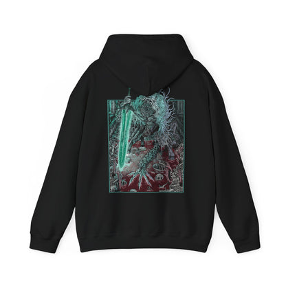 Image 5 of a Hooded Sweatshirt showcasing Ludwig the Holy Blade from Bloodborne, a tragic boss who shifts from a writhing beast to a noble warrior mid-battle. Once revered as the Church’s first hunter, Ludwig is now a deformed horror, consumed by bloodlust. Yet in a final moment of clarity, he reclaims his Holy Moonlight Sword, evoking the memory of his former glory and tragic fall from grace.
