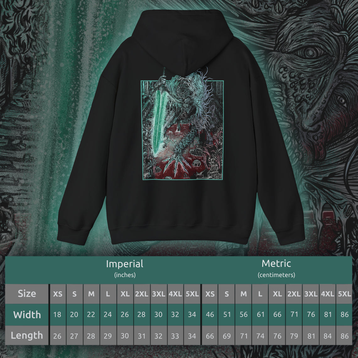 Size chart of a Hooded Sweatshirt showcasing Ludwig the Holy Blade from Bloodborne, a tragic boss who shifts from a writhing beast to a noble warrior mid-battle. Once revered as the Church’s first hunter, Ludwig is now a deformed horror, consumed by bloodlust. Yet in a final moment of clarity, he reclaims his Holy Moonlight Sword, evoking the memory of his former glory and tragic fall from grace.