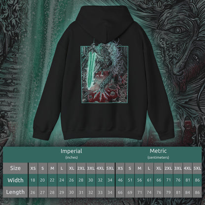Size chart of a Hooded Sweatshirt showcasing Ludwig the Holy Blade from Bloodborne, a tragic boss who shifts from a writhing beast to a noble warrior mid-battle. Once revered as the Church’s first hunter, Ludwig is now a deformed horror, consumed by bloodlust. Yet in a final moment of clarity, he reclaims his Holy Moonlight Sword, evoking the memory of his former glory and tragic fall from grace.