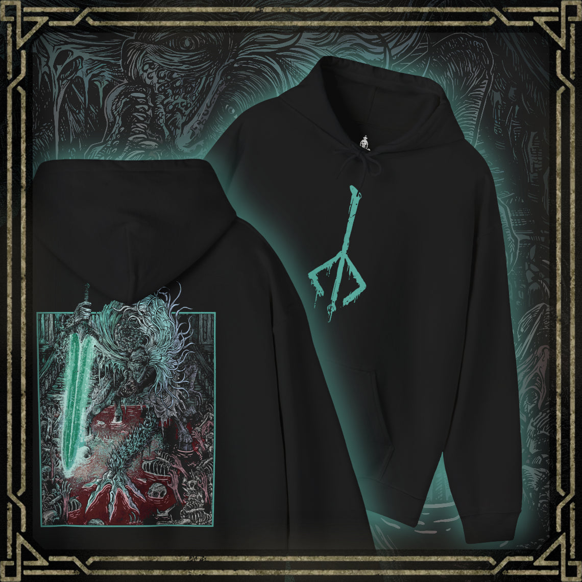 Thumbnail of a Hooded Sweatshirt showcasing Ludwig the Holy Blade from Bloodborne, a tragic boss who shifts from a writhing beast to a noble warrior mid-battle. Once revered as the Church’s first hunter, Ludwig is now a deformed horror, consumed by bloodlust. Yet in a final moment of clarity, he reclaims his Holy Moonlight Sword, evoking the memory of his former glory and tragic fall from grace.