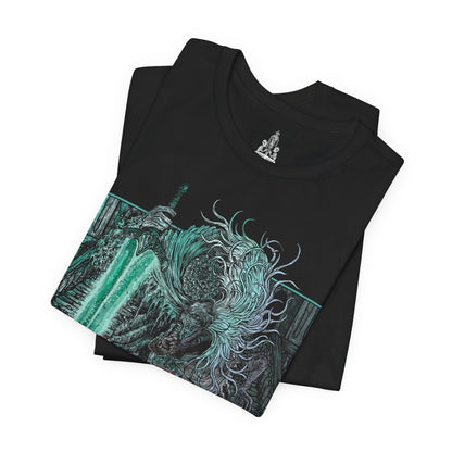 Image 5 of a T-shirt featuring Ludwig the Accursed from Bloodborne, the grotesque first hunter of the Healing Church turned monstrous abomination. Twisted and screaming in agony, Ludwig embodies the horrifying consequences of divine obsession. As the battle rages, he transforms into Ludwig the Holy Blade, regaining fleeting clarity and wielding his radiant Moonlight Greatsword.