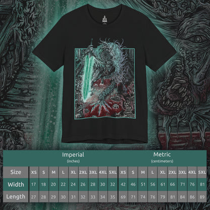 Size chart of a T-shirt featuring Ludwig the Accursed from Bloodborne, the grotesque first hunter of the Healing Church turned monstrous abomination. Twisted and screaming in agony, Ludwig embodies the horrifying consequences of divine obsession. As the battle rages, he transforms into Ludwig the Holy Blade, regaining fleeting clarity and wielding his radiant Moonlight Greatsword.