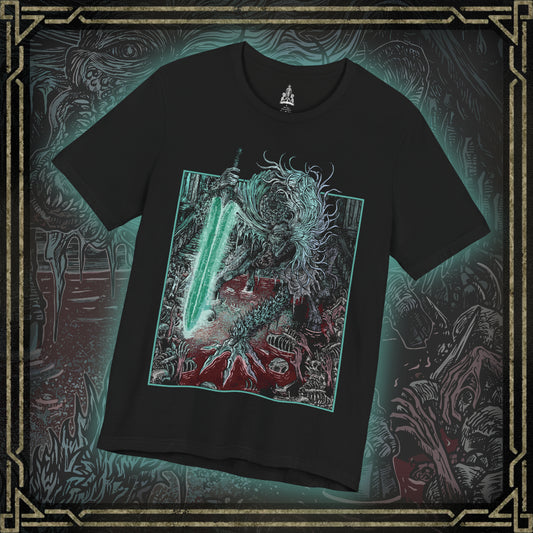 Thumbnail of a T-shirt featuring Ludwig the Accursed from Bloodborne, the grotesque first hunter of the Healing Church turned monstrous abomination. Twisted and screaming in agony, Ludwig embodies the horrifying consequences of divine obsession. As the battle rages, he transforms into Ludwig the Holy Blade, regaining fleeting clarity and wielding his radiant Moonlight Greatsword.
