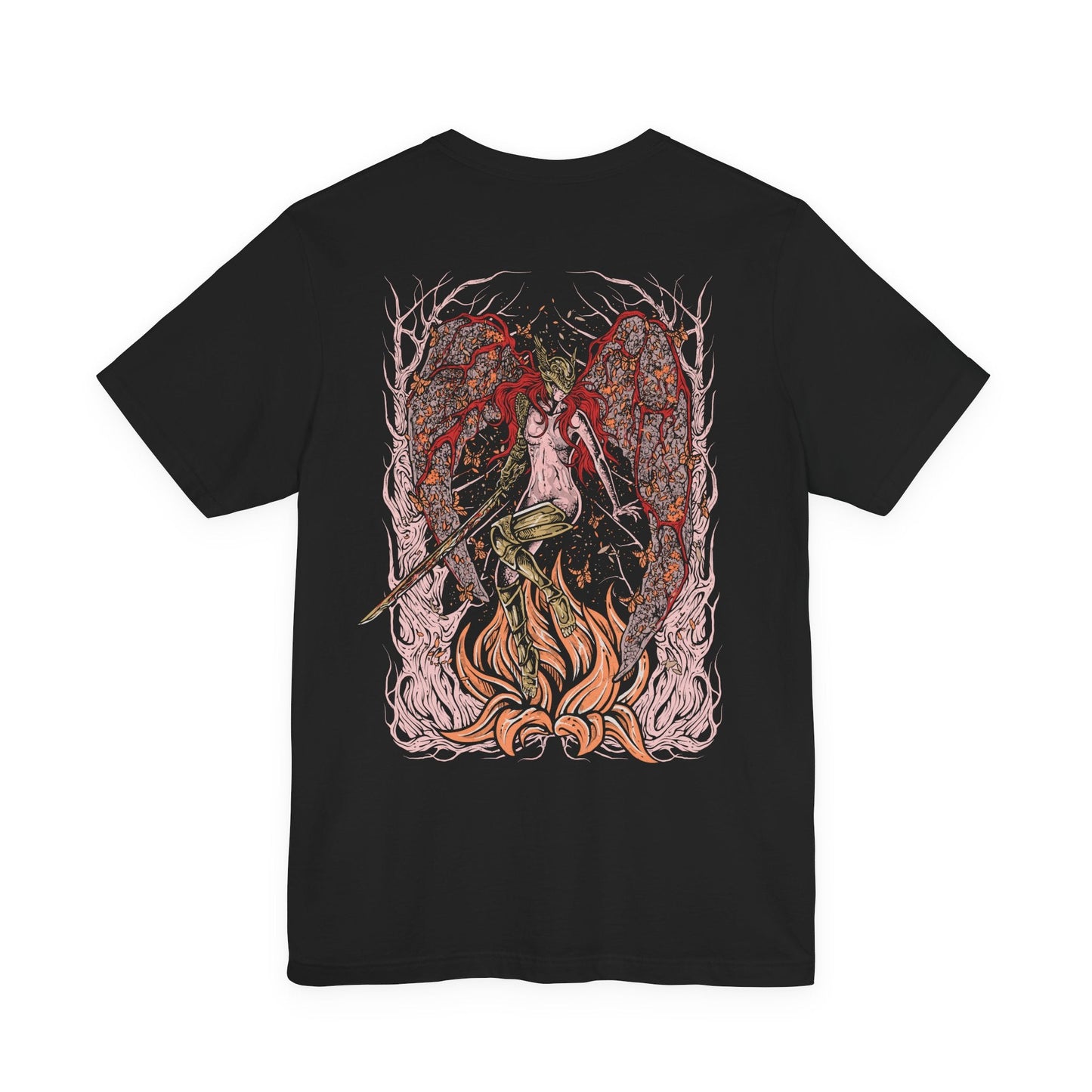 Image 5 of a Elden Ring T-shirt showcasing Malenia, Blade of Miquella, the most iconic boss of the game. A fierce goddess of war and twin of Miquella, she is revered for her flawless swordsmanship and feared for spreading Scarlet Rot. This artwork portrays her haunting elegance, symbolizing tragedy, devotion, and unstoppable power.