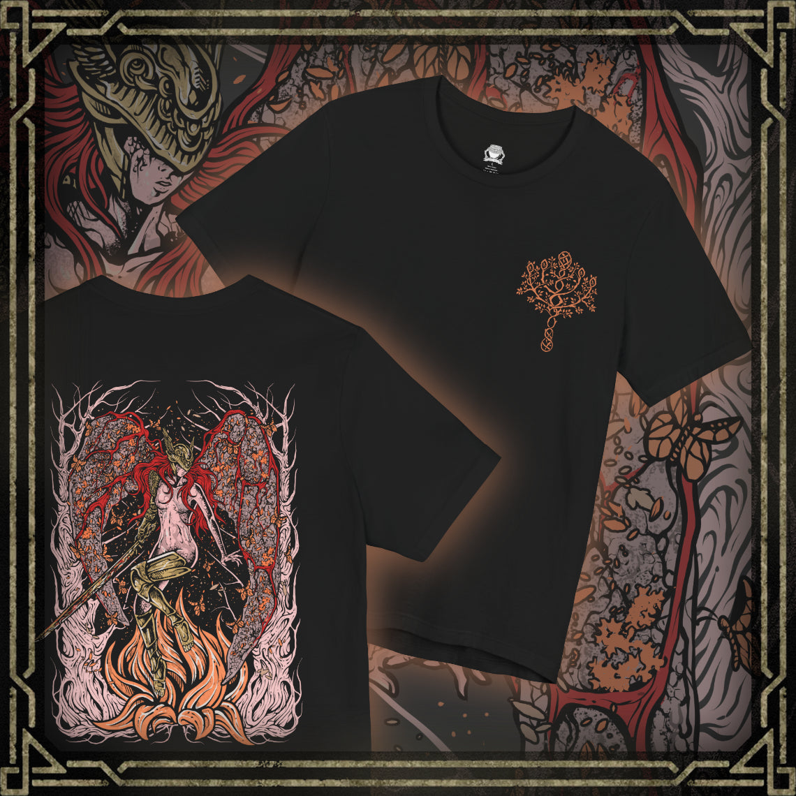 Thumbnail of a Elden Ring T-shirt showcasing Malenia, Blade of Miquella, the most iconic boss of the game. A fierce goddess of war and twin of Miquella, she is revered for her flawless swordsmanship and feared for spreading Scarlet Rot. This artwork portrays her haunting elegance, symbolizing tragedy, devotion, and unstoppable power.