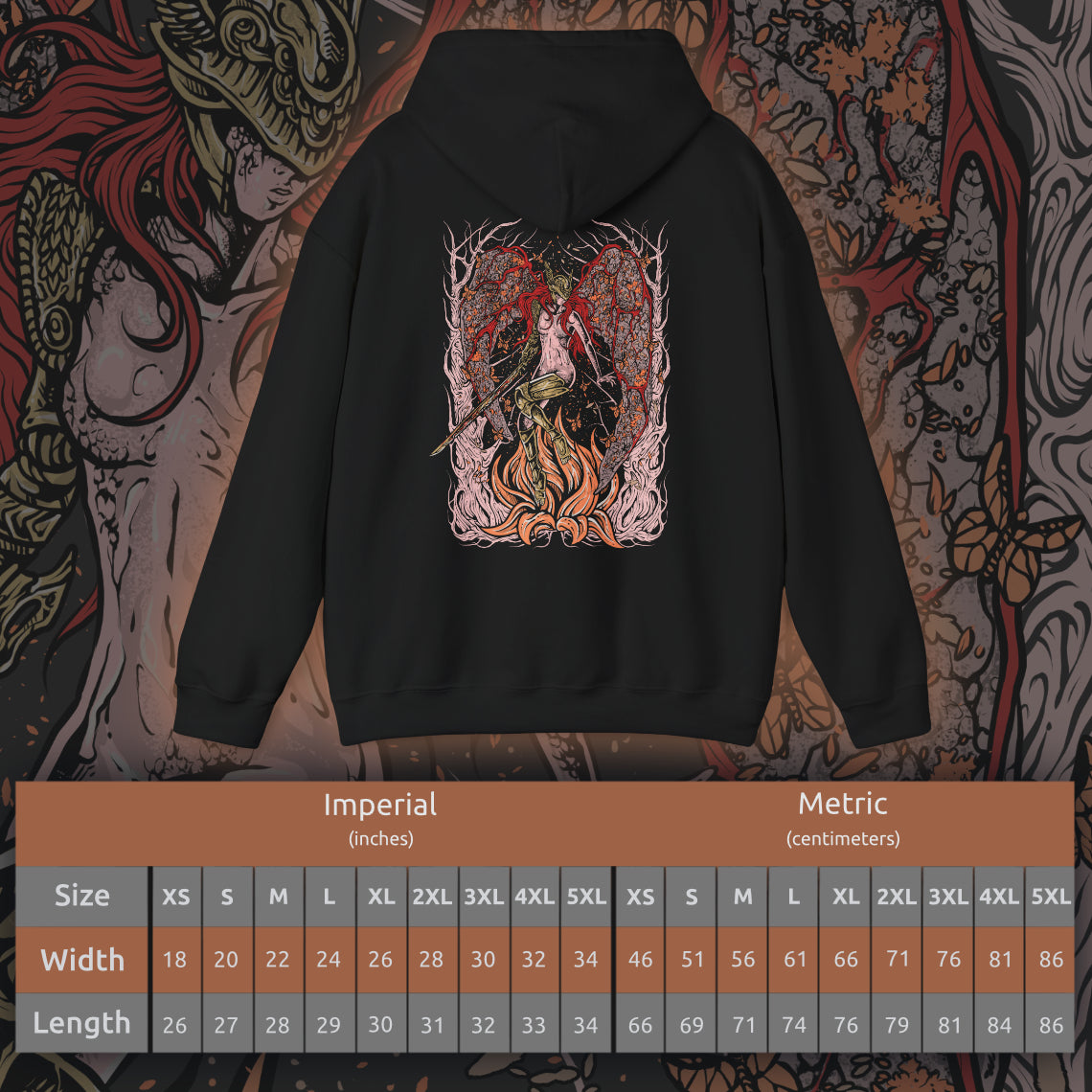Size chart of a Hooded Sweatshirt featuring Malenia, Blade of Miquella from Elden Ring, a tragic figure of unmatched skill whose loyalty to her brother drives her path through ruin. Stricken by Scarlet Rot yet never defeated in battle, Malenia represents sacrifice, corruption, and resilience. This design highlights her role as both warrior and symbol of unyielding devotion.