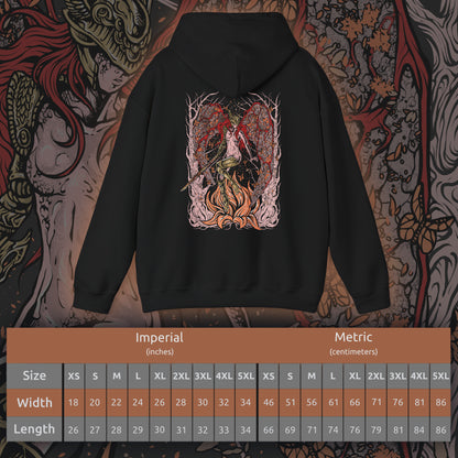Size chart of a Hooded Sweatshirt featuring Malenia, Blade of Miquella from Elden Ring, a tragic figure of unmatched skill whose loyalty to her brother drives her path through ruin. Stricken by Scarlet Rot yet never defeated in battle, Malenia represents sacrifice, corruption, and resilience. This design highlights her role as both warrior and symbol of unyielding devotion.