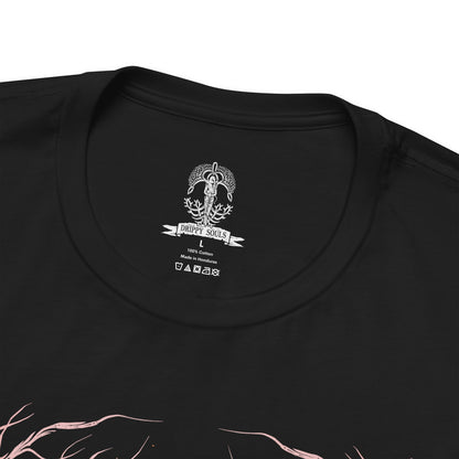 Folded T-shirt featuring Malenia, Blade of Miquella from Elden Ring, the undefeated demigod warrior whose grace and blade strike fear across the Lands Between. Known for her legendary duel against General Radahn and her cursed Scarlet Rot, Malenia embodies both beauty and decay. This design captures her poised strength as she fights in devotion to her brother Miquella.