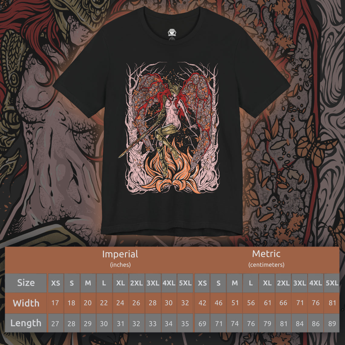 Size chart of a T-shirt featuring Malenia, Blade of Miquella from Elden Ring, the undefeated demigod warrior whose grace and blade strike fear across the Lands Between. Known for her legendary duel against General Radahn and her cursed Scarlet Rot, Malenia embodies both beauty and decay. This design captures her poised strength as she fights in devotion to her brother Miquella.