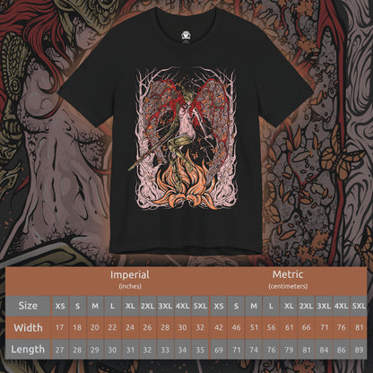 Size chart of a T-shirt featuring Malenia, Blade of Miquella from Elden Ring, the undefeated demigod warrior whose grace and blade strike fear across the Lands Between. Known for her legendary duel against General Radahn and her cursed Scarlet Rot, Malenia embodies both beauty and decay. This design captures her poised strength as she fights in devotion to her brother Miquella.