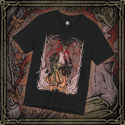 Thumbnail of a T-shirt featuring Malenia, Blade of Miquella from Elden Ring, the undefeated demigod warrior whose grace and blade strike fear across the Lands Between. Known for her legendary duel against General Radahn and her cursed Scarlet Rot, Malenia embodies both beauty and decay. This design captures her poised strength as she fights in devotion to her brother Miquella.