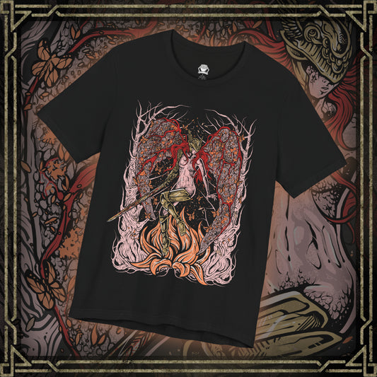 Thumbnail of a T-shirt featuring Malenia, Blade of Miquella from Elden Ring, the undefeated demigod warrior whose grace and blade strike fear across the Lands Between. Known for her legendary duel against General Radahn and her cursed Scarlet Rot, Malenia embodies both beauty and decay. This design captures her poised strength as she fights in devotion to her brother Miquella.