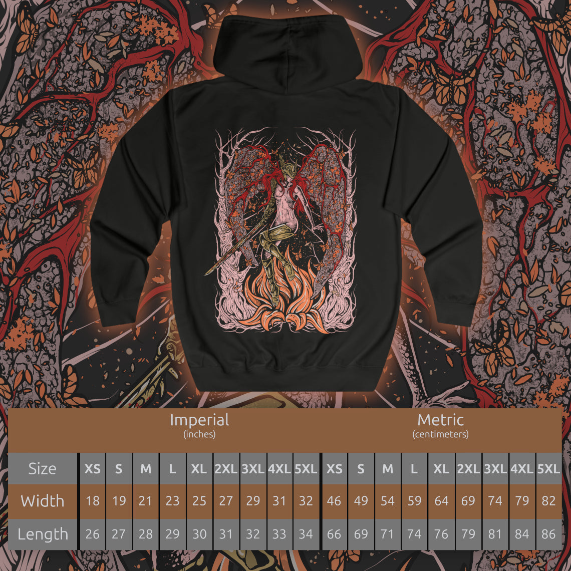 Size chart of a Zip-up Hooded Sweatshirt featuring Malenia, Blade of Miquella from Elden Ring, the undefeated demigod and twin of Miquella. Known for her graceful yet deadly swordsmanship, she stands as one of the most iconic figures in the Lands Between. Cursed by Scarlet Rot yet unbroken in spirit, Malenia embodies both divine beauty and unstoppable will. This design captures her tragic power and her vow to protect Miquella at all costs.