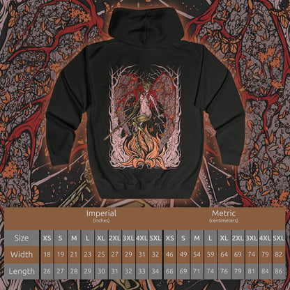 Size chart of a Zip-up Hooded Sweatshirt featuring Malenia, Blade of Miquella from Elden Ring, the undefeated demigod and twin of Miquella. Known for her graceful yet deadly swordsmanship, she stands as one of the most iconic figures in the Lands Between. Cursed by Scarlet Rot yet unbroken in spirit, Malenia embodies both divine beauty and unstoppable will. This design captures her tragic power and her vow to protect Miquella at all costs.