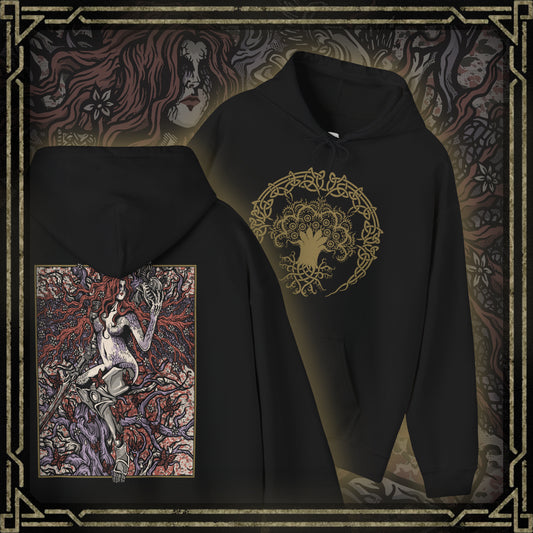 Thumbnail of a Hooded Sweatshirt featuring Malenia, Goddess of Rot from Elden Ring, the undefeated blade who succumbed to the Scarlet Rot yet retained her grace in battle. Clad in crimson armor and wielding her iconic prosthetic arm and katana, Malenia stands as a tragic symbol of beauty, decay, and unrelenting will. This design captures her poised stance and divine fury at the heart of the Haligtree.
