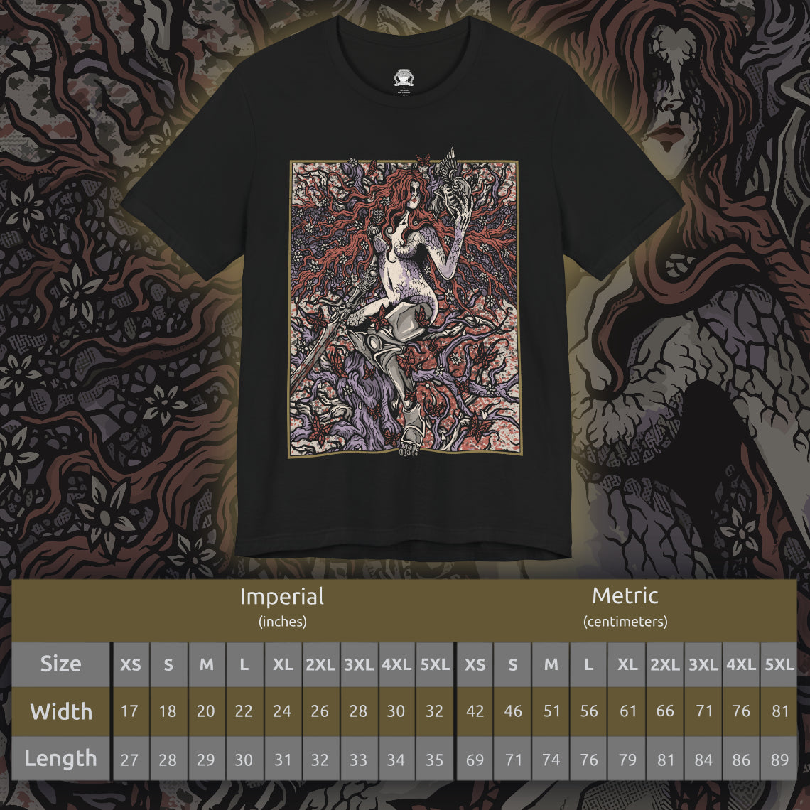 Size chart of a T-shirt featuring Malenia, Goddess of Rot from Elden Ring, the fearsome demigod whose elegance masks a devastating curse. Wielding her prosthetic katana with unmatched precision, Malenia is both graceful and deadly. This design captures her second form, where Scarlet Rot blooms in divine wrath, symbolizing beauty entwined with decay in one of the game’s most iconic battles.