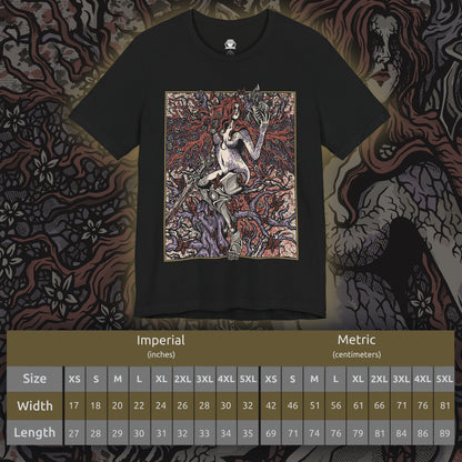 Size chart of a T-shirt featuring Malenia, Goddess of Rot from Elden Ring, the fearsome demigod whose elegance masks a devastating curse. Wielding her prosthetic katana with unmatched precision, Malenia is both graceful and deadly. This design captures her second form, where Scarlet Rot blooms in divine wrath, symbolizing beauty entwined with decay in one of the game’s most iconic battles.