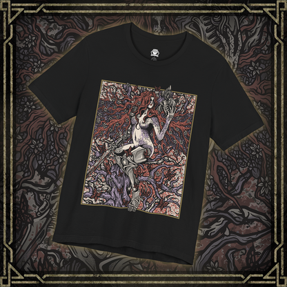 Thumbnail of a T-shirt featuring Malenia, Goddess of Rot from Elden Ring, the fearsome demigod whose elegance masks a devastating curse. Wielding her prosthetic katana with unmatched precision, Malenia is both graceful and deadly. This design captures her second form, where Scarlet Rot blooms in divine wrath, symbolizing beauty entwined with decay in one of the game’s most iconic battles.