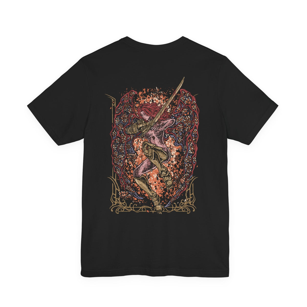 Image 5 of a T-Shirt artwork depicting Malenia in the second phase of her Elden Ring boss battle, spreading enormous Scarlet Aeonia wings while crimson petals and rot energy erupt around her. Her golden prosthetic limbs and ornate armor contrast against the corrupted battlefield as she raises her katana for another deadly attack. The design emphasizes her transformation into the Goddess of Rot.