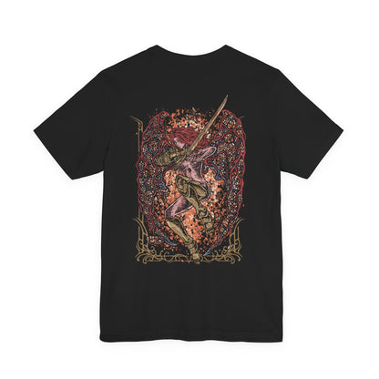 Image 5 of a T-Shirt artwork depicting Malenia in the second phase of her Elden Ring boss battle, spreading enormous Scarlet Aeonia wings while crimson petals and rot energy erupt around her. Her golden prosthetic limbs and ornate armor contrast against the corrupted battlefield as she raises her katana for another deadly attack. The design emphasizes her transformation into the Goddess of Rot.