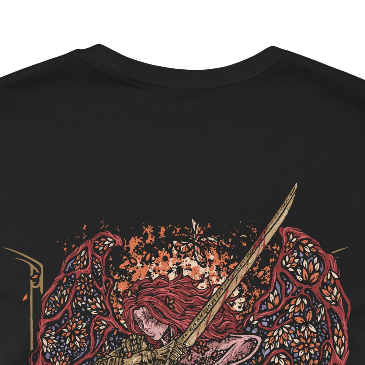 Image 7 of a T-Shirt artwork depicting Malenia in the second phase of her Elden Ring boss battle, spreading enormous Scarlet Aeonia wings while crimson petals and rot energy erupt around her. Her golden prosthetic limbs and ornate armor contrast against the corrupted battlefield as she raises her katana for another deadly attack. The design emphasizes her transformation into the Goddess of Rot.