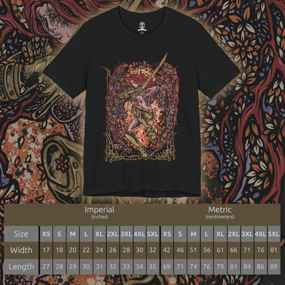 Size chart of a T-Shirt artwork depicting Malenia in the second phase of her Elden Ring boss battle, spreading enormous Scarlet Aeonia wings while crimson petals and rot energy erupt around her. Her golden prosthetic limbs and ornate armor contrast against the corrupted battlefield as she raises her katana for another deadly attack. The design emphasizes her transformation into the Goddess of Rot.