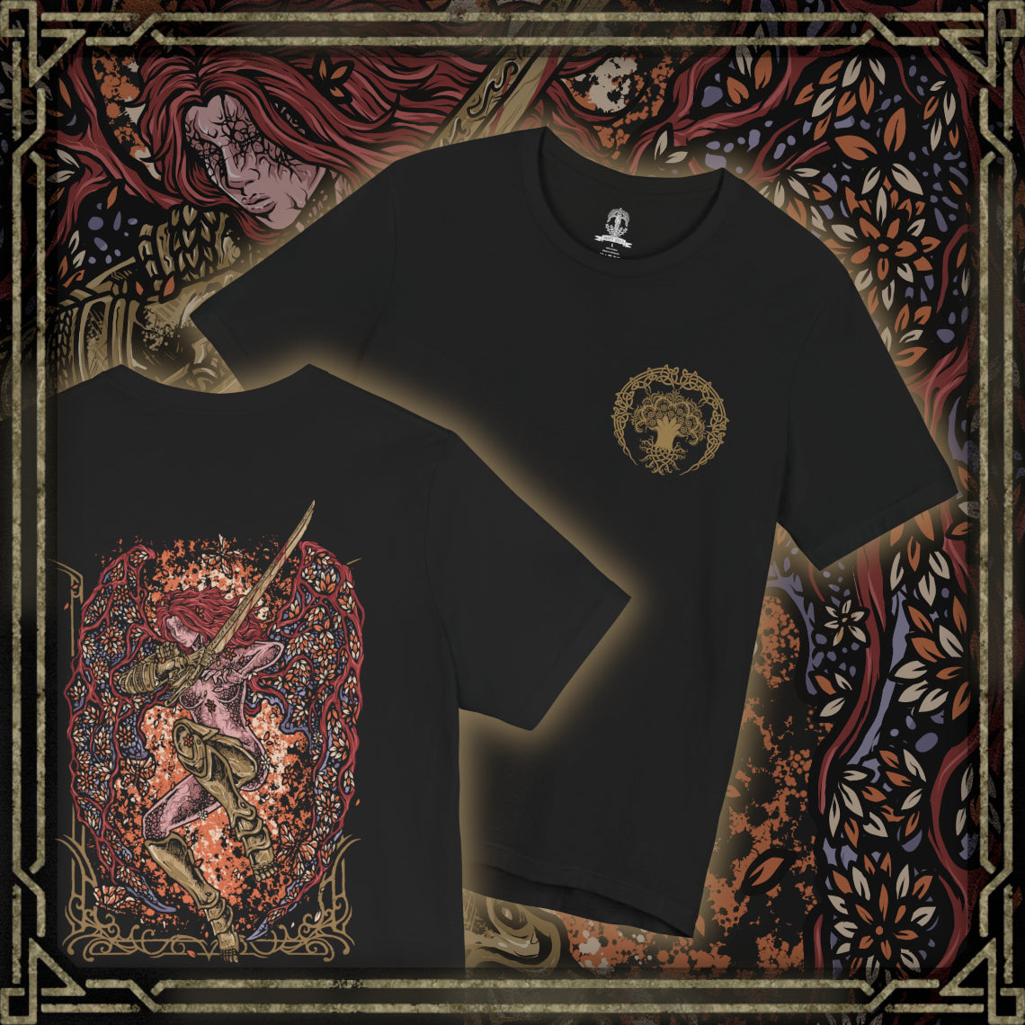 Thumbnail of a T-Shirt artwork depicting Malenia in the second phase of her Elden Ring boss battle, spreading enormous Scarlet Aeonia wings while crimson petals and rot energy erupt around her. Her golden prosthetic limbs and ornate armor contrast against the corrupted battlefield as she raises her katana for another deadly attack. The design emphasizes her transformation into the Goddess of Rot.