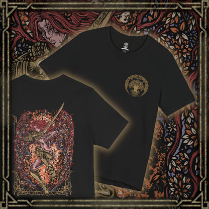 Thumbnail of a T-Shirt artwork depicting Malenia in the second phase of her Elden Ring boss battle, spreading enormous Scarlet Aeonia wings while crimson petals and rot energy erupt around her. Her golden prosthetic limbs and ornate armor contrast against the corrupted battlefield as she raises her katana for another deadly attack. The design emphasizes her transformation into the Goddess of Rot.