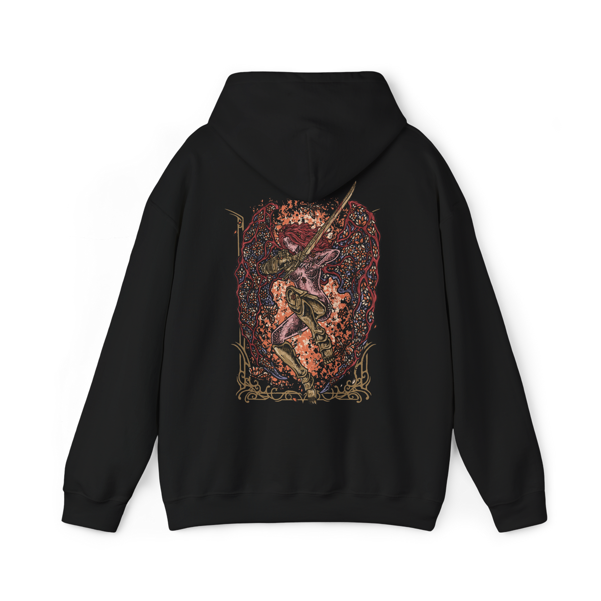 Image 5 of a Hooded Sweatshirt of Malenia, Blade of Miquella, standing within a field of Scarlet Aeonia beneath the roots of the Haligtree. Her crimson hair flows around ornate armor and golden prosthetic limbs as enormous scarlet petals bloom behind her. Rot-infused mist and drifting petals fill the battlefield, emphasizing Malenia's transformation into the terrifying Goddess of Rot.