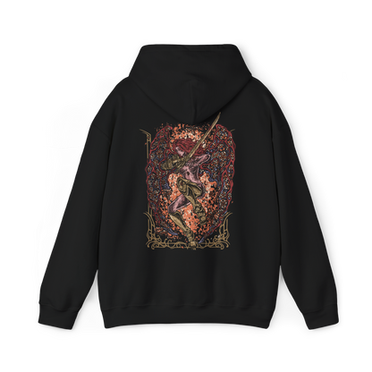 Image 5 of a Hooded Sweatshirt of Malenia, Blade of Miquella, standing within a field of Scarlet Aeonia beneath the roots of the Haligtree. Her crimson hair flows around ornate armor and golden prosthetic limbs as enormous scarlet petals bloom behind her. Rot-infused mist and drifting petals fill the battlefield, emphasizing Malenia's transformation into the terrifying Goddess of Rot.