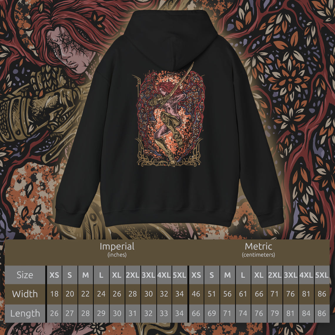 Size chart of a Hooded Sweatshirt of Malenia, Blade of Miquella, standing within a field of Scarlet Aeonia beneath the roots of the Haligtree. Her crimson hair flows around ornate armor and golden prosthetic limbs as enormous scarlet petals bloom behind her. Rot-infused mist and drifting petals fill the battlefield, emphasizing Malenia's transformation into the terrifying Goddess of Rot.
