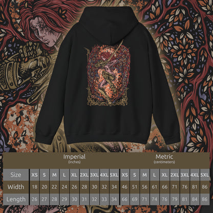 Size chart of a Hooded Sweatshirt of Malenia, Blade of Miquella, standing within a field of Scarlet Aeonia beneath the roots of the Haligtree. Her crimson hair flows around ornate armor and golden prosthetic limbs as enormous scarlet petals bloom behind her. Rot-infused mist and drifting petals fill the battlefield, emphasizing Malenia's transformation into the terrifying Goddess of Rot.