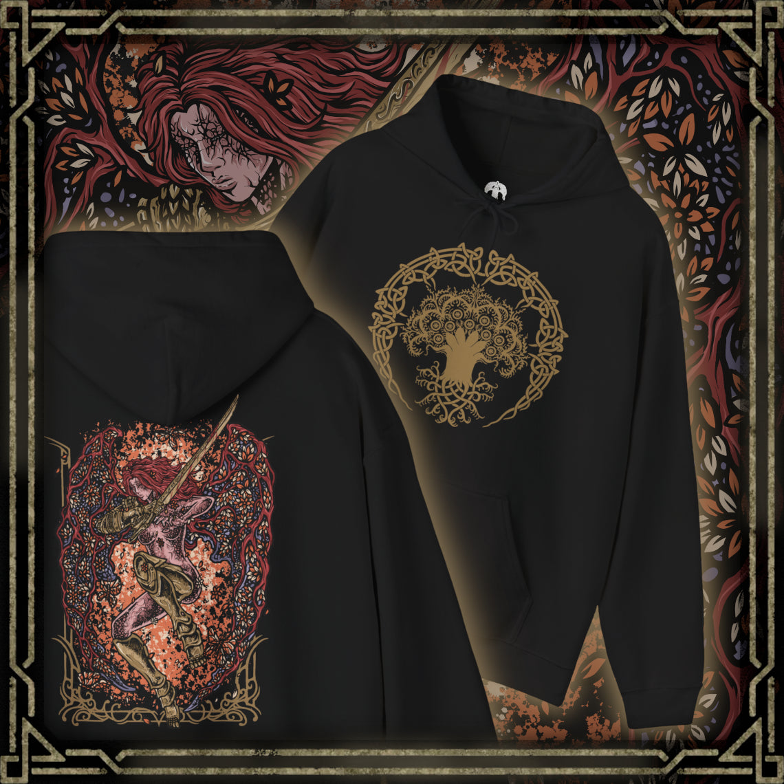 Thumbnail of a Hooded Sweatshirt of Malenia, Blade of Miquella, standing within a field of Scarlet Aeonia beneath the roots of the Haligtree. Her crimson hair flows around ornate armor and golden prosthetic limbs as enormous scarlet petals bloom behind her. Rot-infused mist and drifting petals fill the battlefield, emphasizing Malenia's transformation into the terrifying Goddess of Rot.