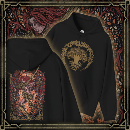 Thumbnail of a Hooded Sweatshirt of Malenia, Blade of Miquella, standing within a field of Scarlet Aeonia beneath the roots of the Haligtree. Her crimson hair flows around ornate armor and golden prosthetic limbs as enormous scarlet petals bloom behind her. Rot-infused mist and drifting petals fill the battlefield, emphasizing Malenia's transformation into the terrifying Goddess of Rot.