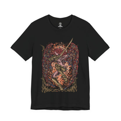 Image 4 of a T-Shirt design of Malenia, Blade of Miquella from Elden Ring, standing in her ornate crimson armor while wielding the katana Hand of Malenia. Scarlet petals and swirling red energy surround the warrior as her prosthetic limbs and flowing red hair frame the composition. The artwork captures her graceful fighting style, devastating power, and connection to Scarlet Rot.