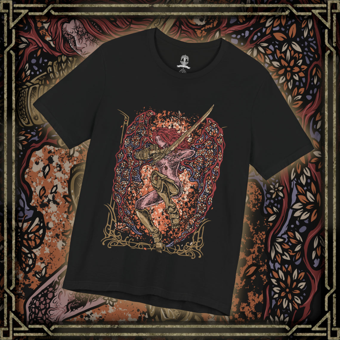 Thumbnail of a T-Shirt design of Malenia, Blade of Miquella from Elden Ring, standing in her ornate crimson armor while wielding the katana Hand of Malenia. Scarlet petals and swirling red energy surround the warrior as her prosthetic limbs and flowing red hair frame the composition. The artwork captures her graceful fighting style, devastating power, and connection to Scarlet Rot.