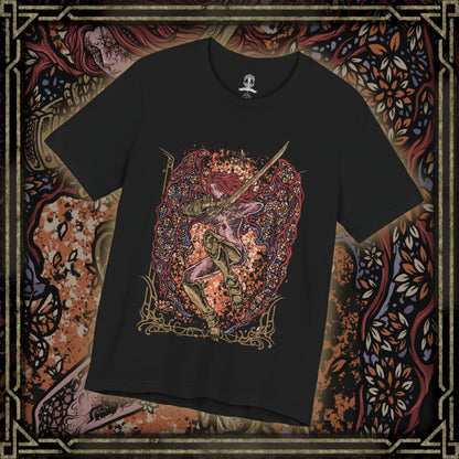 Thumbnail of a T-Shirt design of Malenia, Blade of Miquella from Elden Ring, standing in her ornate crimson armor while wielding the katana Hand of Malenia. Scarlet petals and swirling red energy surround the warrior as her prosthetic limbs and flowing red hair frame the composition. The artwork captures her graceful fighting style, devastating power, and connection to Scarlet Rot.