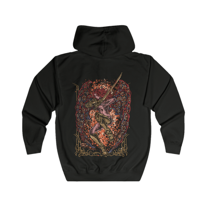 Folded Zip-up Hooded Sweatshirt featuring Malenia, Blade of Miquella from Elden Ring, the legendary warrior, swordswoman, and Goddess of Rot. Wielding her elegant katana and cursed by the Scarlet Rot, Malenia stands among the most feared demigods in the Lands Between. This design captures her crimson armor, flowing scarlet energy, and deadly grace—a warrior defined by devotion, suffering, and unmatched mastery of the blade.