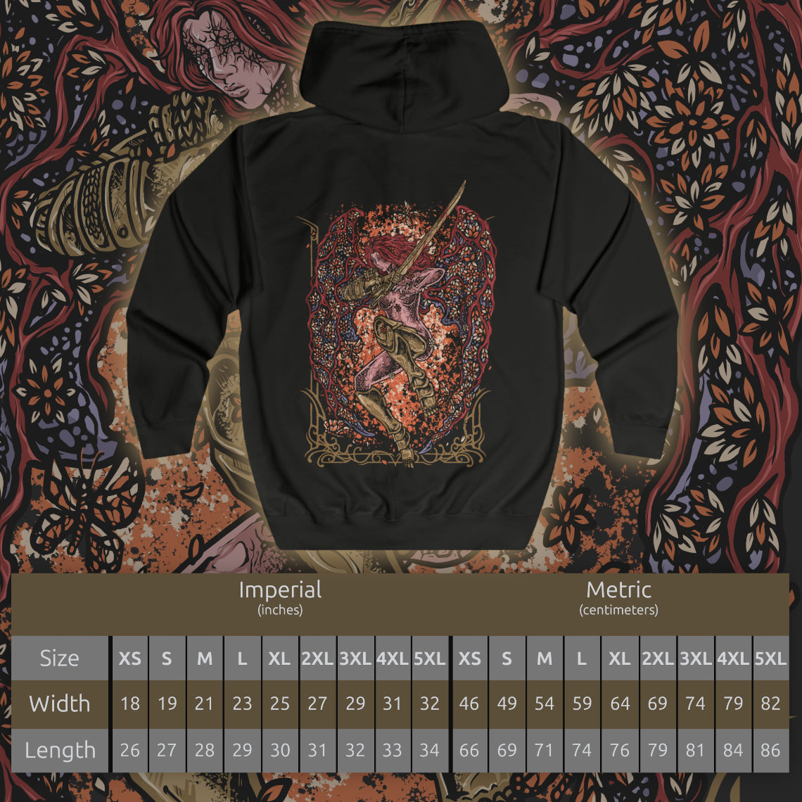 Size chart of a Zip-up Hooded Sweatshirt featuring Malenia, Blade of Miquella from Elden Ring, the legendary warrior, swordswoman, and Goddess of Rot. Wielding her elegant katana and cursed by the Scarlet Rot, Malenia stands among the most feared demigods in the Lands Between. This design captures her crimson armor, flowing scarlet energy, and deadly grace—a warrior defined by devotion, suffering, and unmatched mastery of the blade.