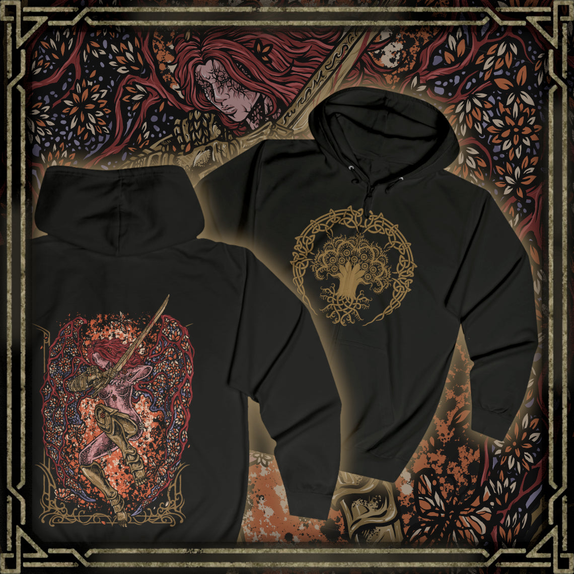 Thumbnail of a Zip-up Hooded Sweatshirt featuring Malenia, Blade of Miquella from Elden Ring, the legendary warrior, swordswoman, and Goddess of Rot. Wielding her elegant katana and cursed by the Scarlet Rot, Malenia stands among the most feared demigods in the Lands Between. This design captures her crimson armor, flowing scarlet energy, and deadly grace—a warrior defined by devotion, suffering, and unmatched mastery of the blade.