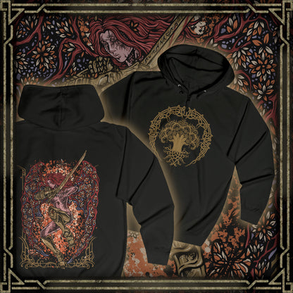 Thumbnail of a Zip-up Hooded Sweatshirt featuring Malenia, Blade of Miquella from Elden Ring, the legendary warrior, swordswoman, and Goddess of Rot. Wielding her elegant katana and cursed by the Scarlet Rot, Malenia stands among the most feared demigods in the Lands Between. This design captures her crimson armor, flowing scarlet energy, and deadly grace—a warrior defined by devotion, suffering, and unmatched mastery of the blade.