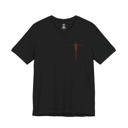 Image 4 of a T-Shirt artwork depicting Maliketh in Crumbling Farum Azula, crouched atop ancient stone ruins while unleashing the power of the Black Blade. Crimson waves of Destined Death radiate from his massive sword as his bestial silhouette dominates the stormy battlefield. Torn fabric, ancient architecture, and swirling shadows emphasize his role as the final guardian of forbidden death.