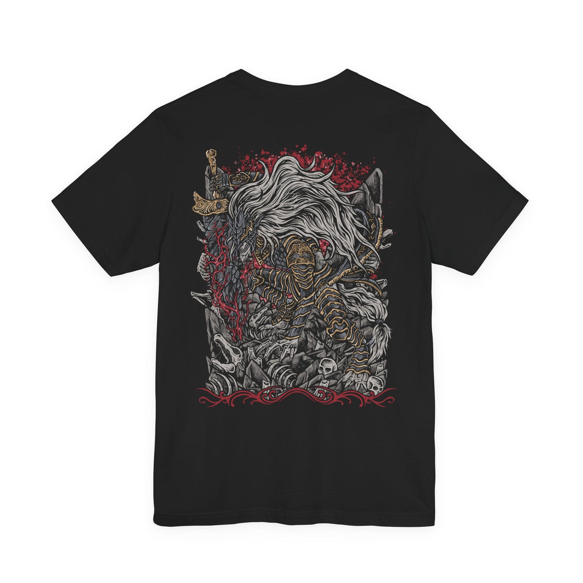 Image 5 of a T-Shirt artwork depicting Maliketh in Crumbling Farum Azula, crouched atop ancient stone ruins while unleashing the power of the Black Blade. Crimson waves of Destined Death radiate from his massive sword as his bestial silhouette dominates the stormy battlefield. Torn fabric, ancient architecture, and swirling shadows emphasize his role as the final guardian of forbidden death.