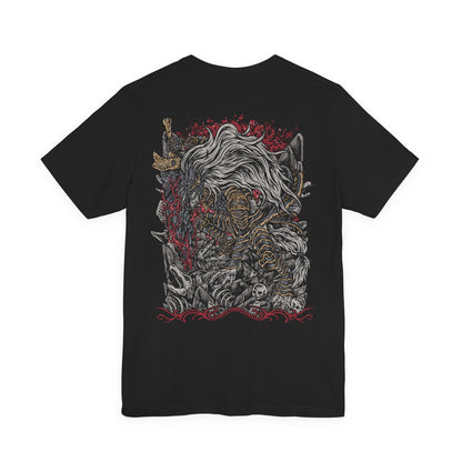 Image 5 of a T-Shirt artwork depicting Maliketh in Crumbling Farum Azula, crouched atop ancient stone ruins while unleashing the power of the Black Blade. Crimson waves of Destined Death radiate from his massive sword as his bestial silhouette dominates the stormy battlefield. Torn fabric, ancient architecture, and swirling shadows emphasize his role as the final guardian of forbidden death.