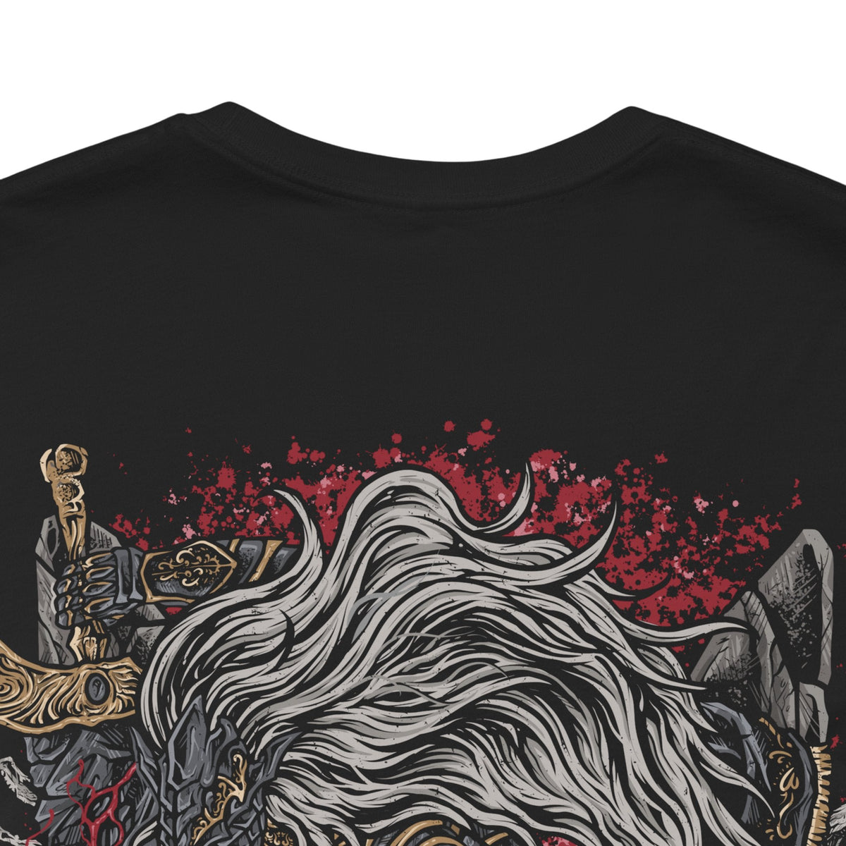 Image 7 of a T-Shirt artwork depicting Maliketh in Crumbling Farum Azula, crouched atop ancient stone ruins while unleashing the power of the Black Blade. Crimson waves of Destined Death radiate from his massive sword as his bestial silhouette dominates the stormy battlefield. Torn fabric, ancient architecture, and swirling shadows emphasize his role as the final guardian of forbidden death.