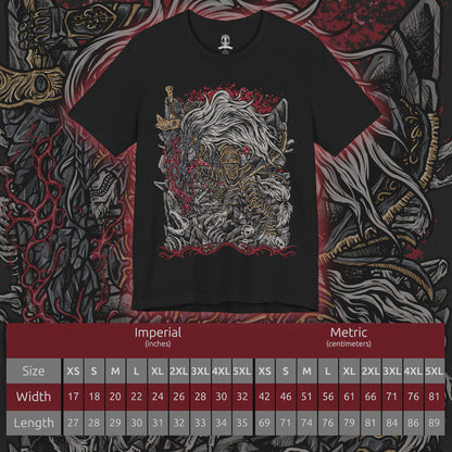 Size chart of a T-Shirt artwork depicting Maliketh in Crumbling Farum Azula, crouched atop ancient stone ruins while unleashing the power of the Black Blade. Crimson waves of Destined Death radiate from his massive sword as his bestial silhouette dominates the stormy battlefield. Torn fabric, ancient architecture, and swirling shadows emphasize his role as the final guardian of forbidden death.