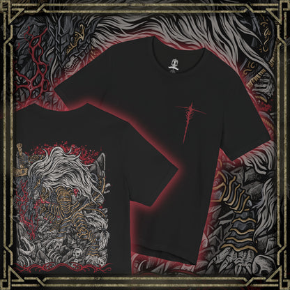 Thumbnail of a T-Shirt artwork depicting Maliketh in Crumbling Farum Azula, crouched atop ancient stone ruins while unleashing the power of the Black Blade. Crimson waves of Destined Death radiate from his massive sword as his bestial silhouette dominates the stormy battlefield. Torn fabric, ancient architecture, and swirling shadows emphasize his role as the final guardian of forbidden death.