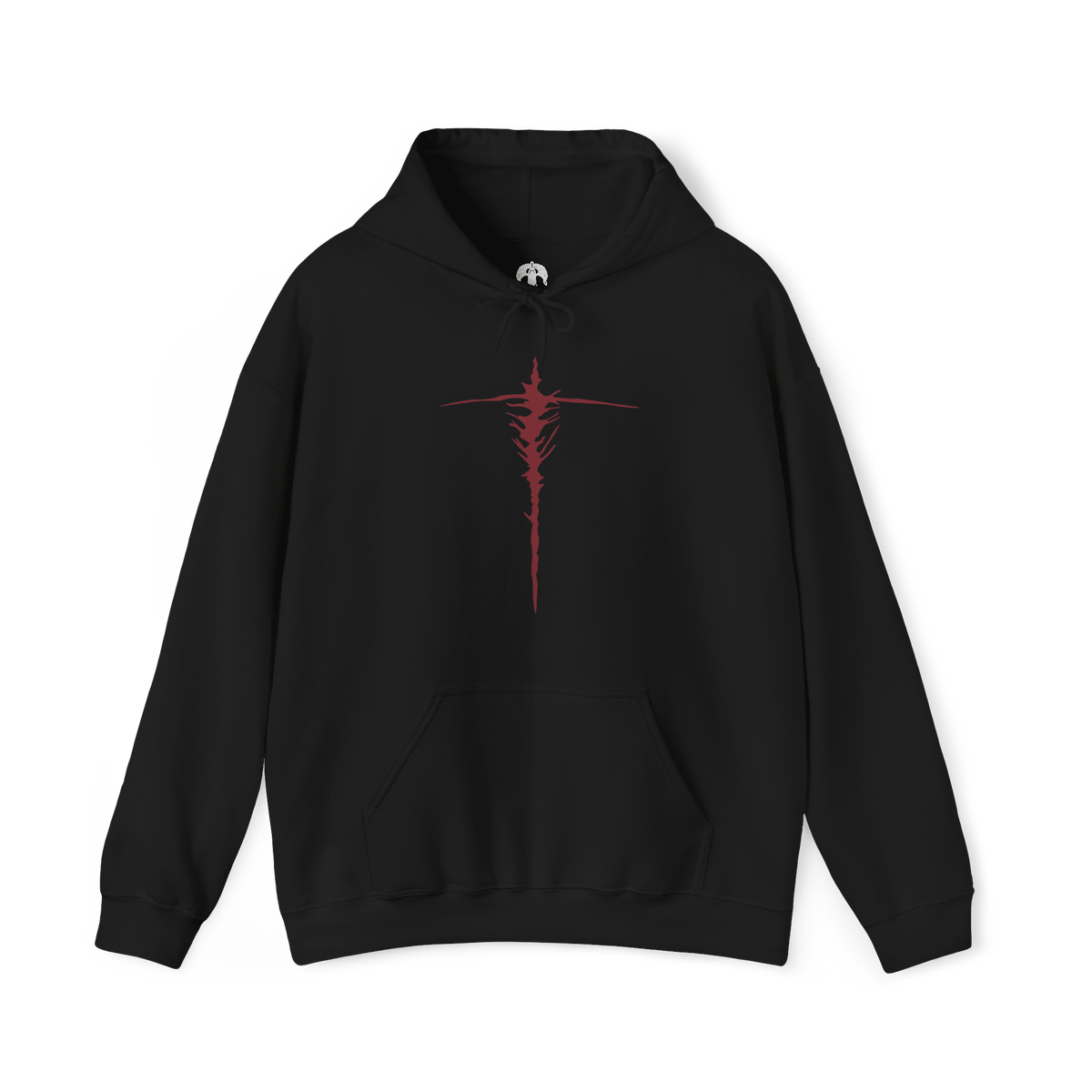 Image 4 of a Hooded Sweatshirt of Maliketh, the Black Blade, standing amid the shattered ruins of Crumbling Farum Azula with his massive sword raised toward the sky. Crimson Destined Death energy erupts from the blade while dark clouds and ancient stone structures surround his towering beast-like form. The composition emphasizes his savage strength, tragic loyalty, and role as guardian of forbidden death.