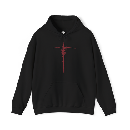 Image 4 of a Hooded Sweatshirt of Maliketh, the Black Blade, standing amid the shattered ruins of Crumbling Farum Azula with his massive sword raised toward the sky. Crimson Destined Death energy erupts from the blade while dark clouds and ancient stone structures surround his towering beast-like form. The composition emphasizes his savage strength, tragic loyalty, and role as guardian of forbidden death.