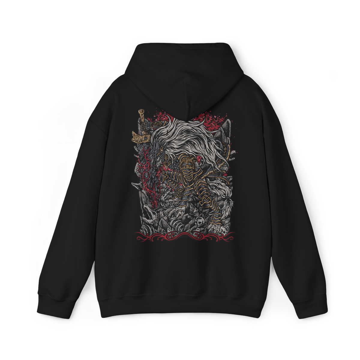 Image 5 of a Hooded Sweatshirt of Maliketh, the Black Blade, standing amid the shattered ruins of Crumbling Farum Azula with his massive sword raised toward the sky. Crimson Destined Death energy erupts from the blade while dark clouds and ancient stone structures surround his towering beast-like form. The composition emphasizes his savage strength, tragic loyalty, and role as guardian of forbidden death.